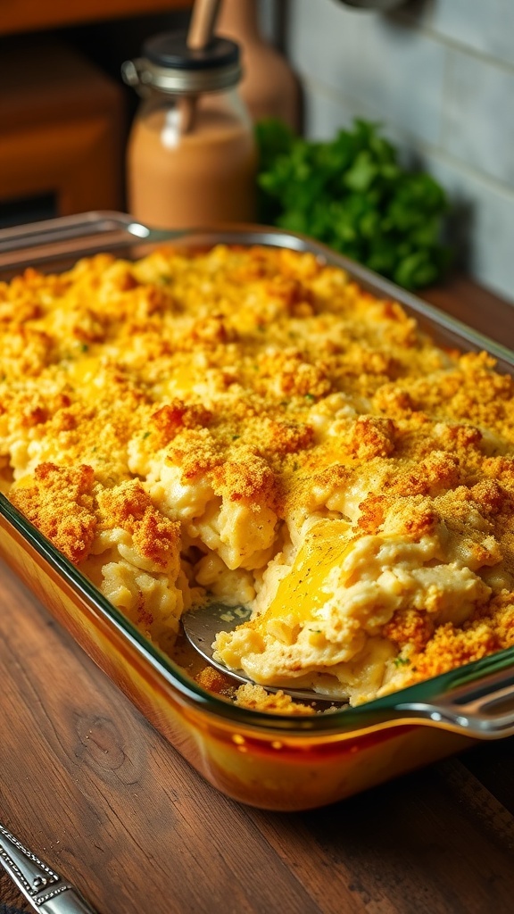 A cheesy chicken and rice casserole in a baking dish, topped with breadcrumbs and cheese, ready to serve.